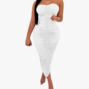 Strapless Ruched Midi Dress - White